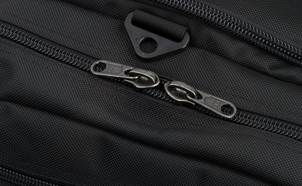 An close shot of the zippers on the Road Buddy Duffel 60.